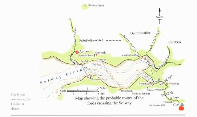 Probable routes of the fords crossing the Solway. (Jim Hawkins, 1998)